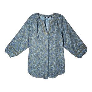 LANDS END Women's M 10 12 Tunic Blouse Paisley Blue Green Crochet Accents 42"